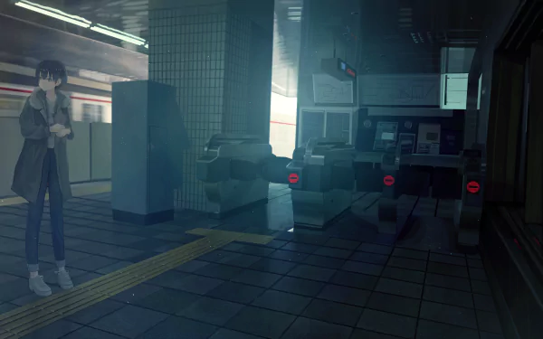 Anime-style character with short brown hair stands alone in a dimly lit train station, captured in a detailed 4K Ultra HD desktop wallpaper background.