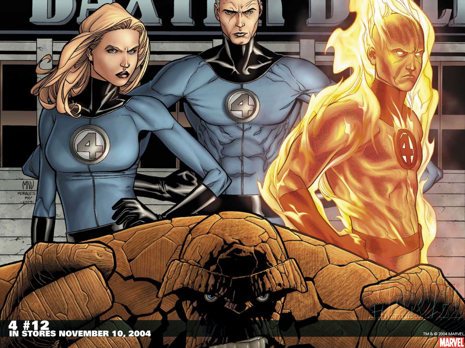 Marvel Comics characters in a group: Thing, Human Torch, Mister Fantastic, Invisible Woman, Doctor Doom, Johnny Storm, Susan Storm, and Ben Gimm