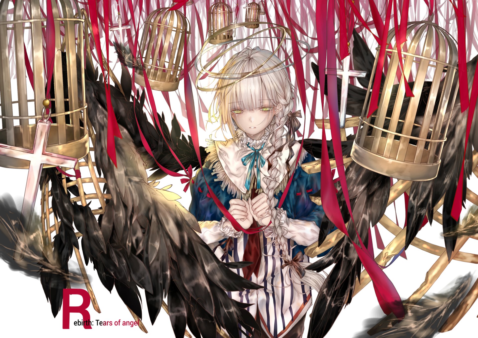 Anime-style HD desktop wallpaper of a blonde, long-haired character with braided hair, yellow eyes, black wings, and a halo, surrounded by cages and red ribbons with cross motifs.