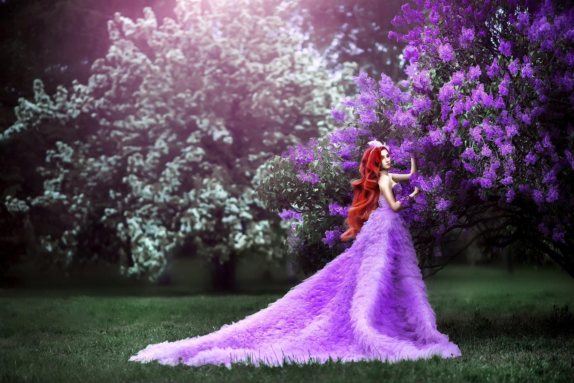 Download Depth Of Field Blossom Redhead Long Hair Purple Dress Woman Model Hd Wallpaper