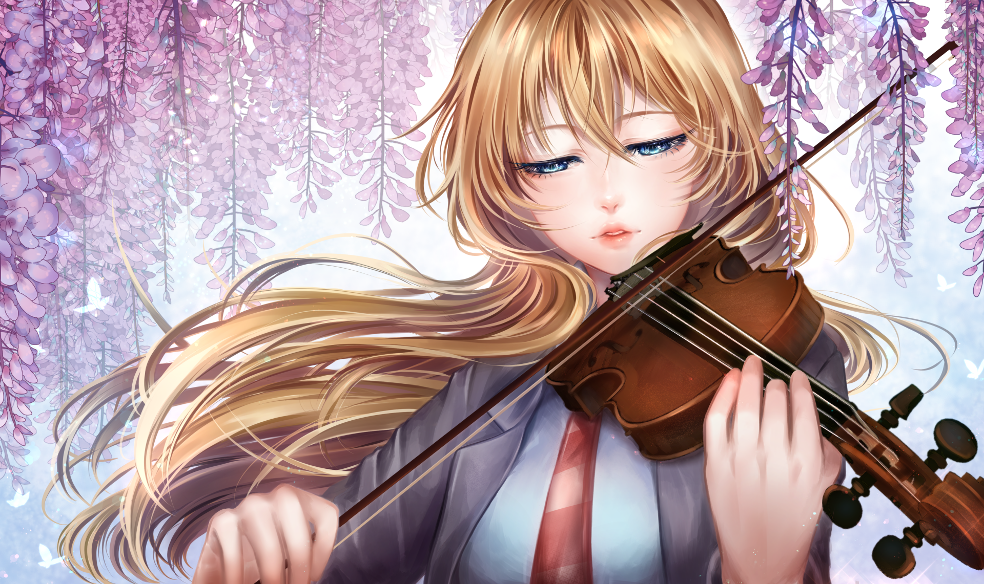 Kaori Miyazono from the anime Your Lie in April plays violin with closed eyes, flowing blonde hair and wisteria blossoms in the background — 4K Ultra HD PC desktop wallpaper