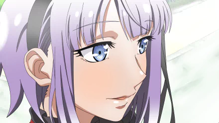 Close-up of anime character Shidare Hotaru with purple hair and blue eyes from Dagashi Kashi, rendered in 8K Ultra HD as a vibrant PC desktop wallpaper.