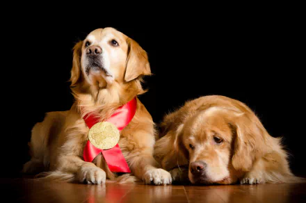 HD PC desktop wallpaper of two golden retriever dogs on a black background; one wears a gold medal on a red ribbon.