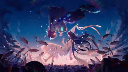 Anime-style HD desktop wallpaper featuring two original characters with brown and black hair, blue and brown eyes, wings, and a hat, surrounded by floating fish in a twilight sky.