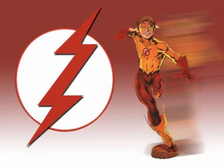 HD wallpaper featuring Bart Allen, also known as Kid Flash, in action against a vibrant red background with the iconic DC Comics logo. Powerful and dynamic comic art.