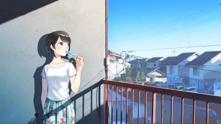 Anime-style original artwork of a girl eating a popsicle on a balcony overlooking a suburban neighborhood, rendered in 4K Ultra HD for PC desktop wallpaper use.