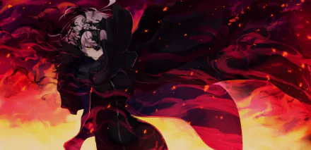 Dark-themed HD PC wallpaper of Jeanne d'Arc Alter from Fate/Grand Order with glowing yellow eyes, enveloped in flowing black and red garments against a fiery background.