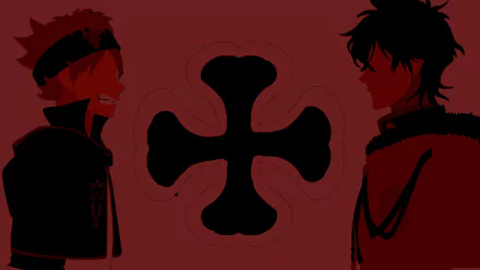 HD wallpaper featuring Yuno and Asta from the anime Black Clover, with a red and black theme. The characters face each other with a black clover symbol between them.