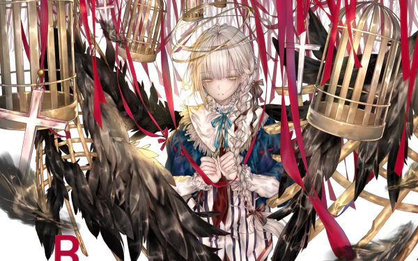 cross long hair cage yellow eyes wings braid blonde Anime Original HD Desktop Wallpaper | Background Image