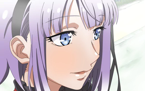 Close-up of anime character Shidare Hotaru with purple hair and blue eyes from Dagashi Kashi, rendered in 8K Ultra HD as a vibrant PC desktop wallpaper.