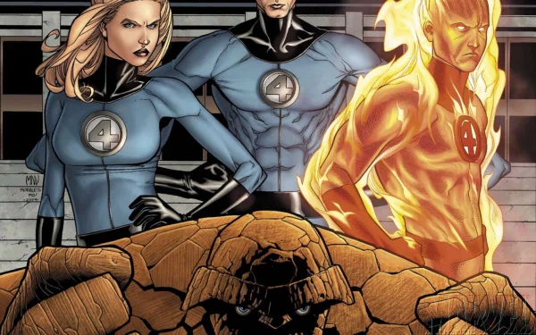 Comic-style HD desktop wallpaper of the Fantastic Four: Mister Fantastic (Reed Richards), Invisible Woman (Susan Storm), Human Torch (Johnny Storm) and the Thing (Ben Grimm) posed together.