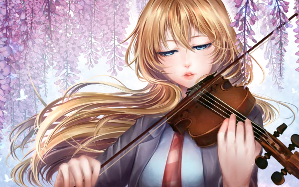 Kaori Miyazono from the anime Your Lie in April plays violin with closed eyes, flowing blonde hair and wisteria blossoms in the background — 4K Ultra HD PC desktop wallpaper
