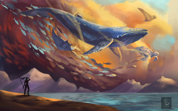 2K Quad HD PC desktop wallpaper: a fantasy scene of a giant whale, manta ray, turtle and swirling fish flying over the sea as a lone figure watches—a vivid animal/fantasy-animal landscape.