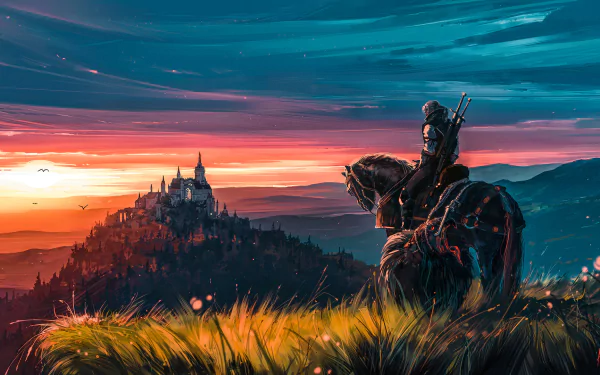 Geralt of Rivia, from The Witcher 3: Wild Hunt, gazes at a distant castle during sunset in this HD desktop wallpaper and background.
