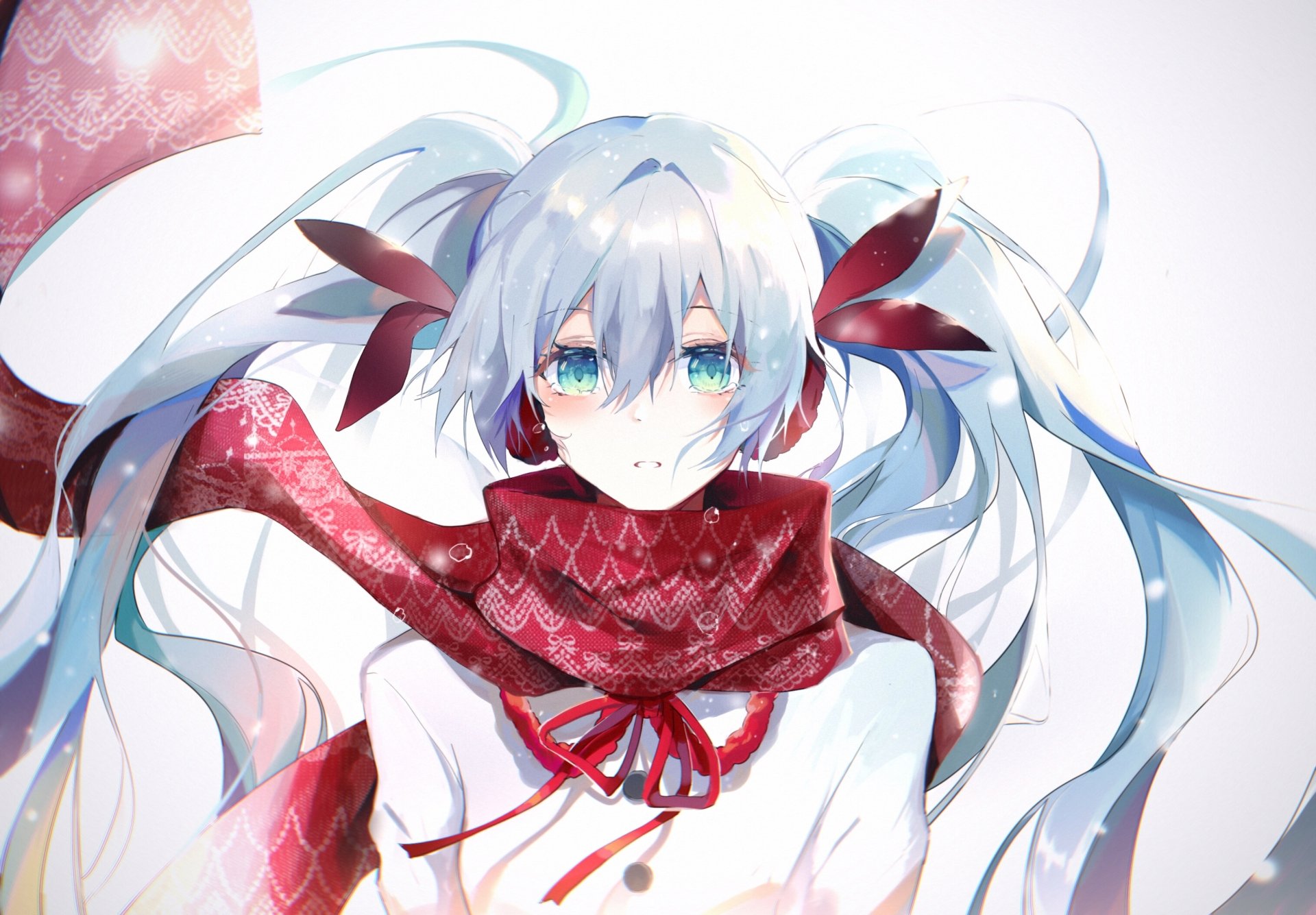 HD anime desktop wallpaper featuring Hatsune Miku from Vocaloid with icy blue hair, red ribbons, and a matching red scarf against a soft, light background.