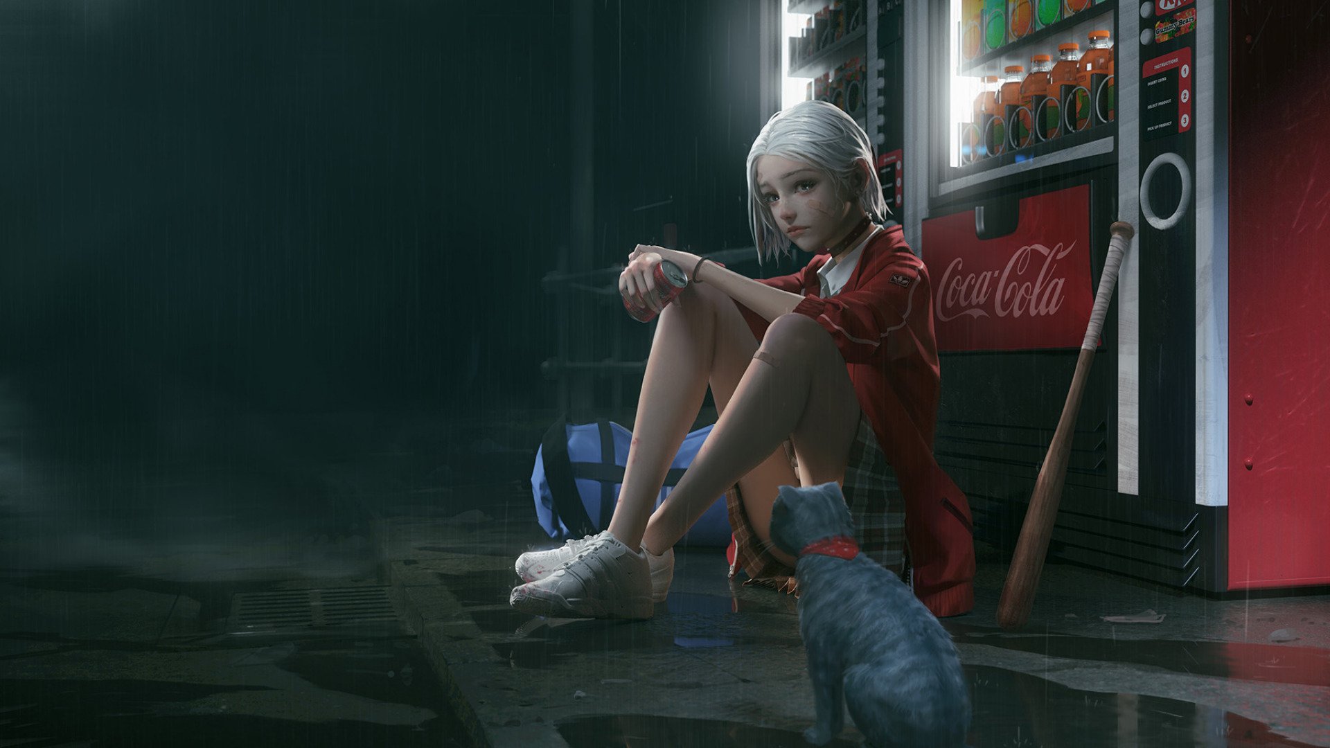 Anime-style character with white hair and a collar, sitting by a Coca Cola vending machine holding a drink, wearing a skirt, with a baseball bat nearby and a cat in the foreground.
