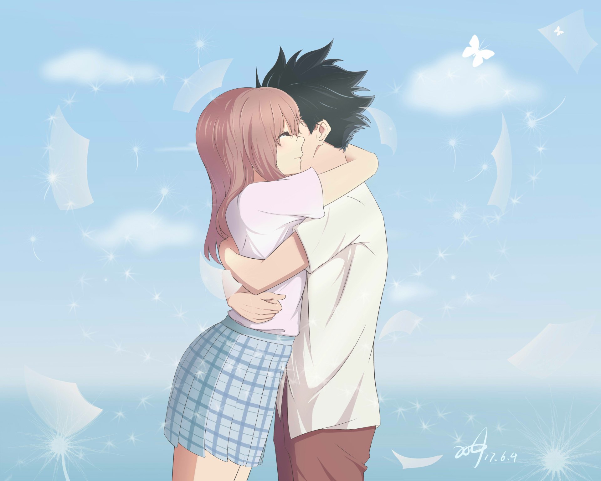 Shouya Ishida and Shouko Nishimiya embrace and kiss under a pastel sky — anime illustration from A Silent Voice, 4K Ultra HD PC desktop wallpaper.