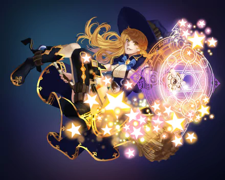 HD anime desktop wallpaper featuring Marisa Kirisame from Touhou, depicted casting a magical spell with glowing stars and intricate magical circles.