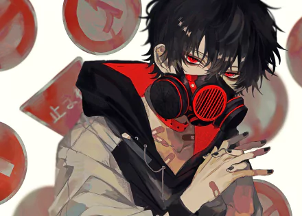 red eyes gas mask bandage black hair short hair Anime Original HD Desktop Wallpaper | Background Image