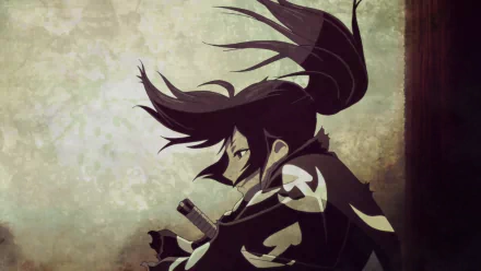 HD wallpaper featuring Hyakkimaru from Dororo in a yukata, with dynamic black hair, set against a textured background.