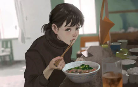 HD anime-style original artwork of a girl eating noodles at a cluttered table, designed as a PC desktop wallpaper and background.