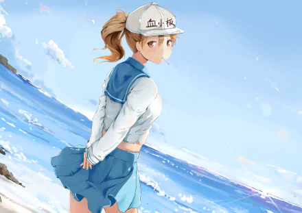 Anime-style HD desktop wallpaper featuring Platelet from Cells at Work! standing by the ocean, with a bright sky and gentle waves in the background.