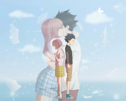 A beautifully crafted 4K Ultra HD wallpaper featuring Shouya Ishida and Shouko Nishimiya from the anime A Silent Voice, capturing a poignant moment between the two characters.