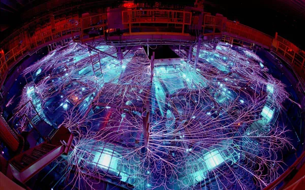 Colorful, man-made intricate network of glowing blue and purple wiring in a circular industrial setup, designed as an HD PC desktop wallpaper background.