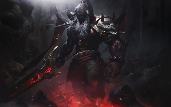 HD desktop wallpaper featuring Aatrox from League of Legends, set in a dark, atmospheric environment with fiery accents and a dramatic pose.