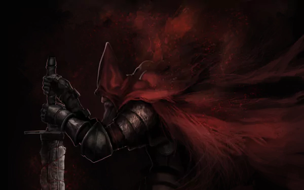 HD PC desktop wallpaper featuring Slave Knight Gael from the video game Dark Souls III, shrouded in dark shadows with a flowing red cloak and holding a massive sword.