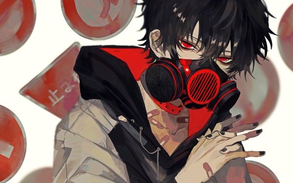 Anime Original Short Hair Black Hair Bandage Gas Mask Red Eyes HD Wallpaper | Background Image