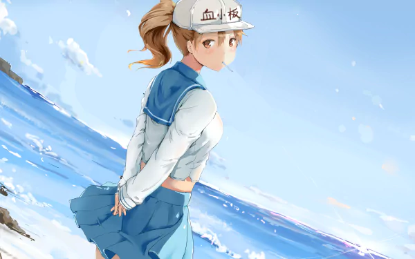 Anime-style HD desktop wallpaper featuring Platelet from Cells at Work! standing by the ocean, with a bright sky and gentle waves in the background.