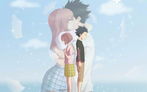 A beautifully crafted 4K Ultra HD wallpaper featuring Shouya Ishida and Shouko Nishimiya from the anime A Silent Voice, capturing a poignant moment between the two characters.