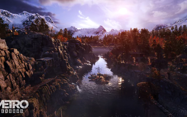 A stunning HD desktop wallpaper featuring a scenic, mountainous landscape from the video game Metro Exodus. Snow-capped peaks and a serene river are bathed in the warm light of the setting sun.