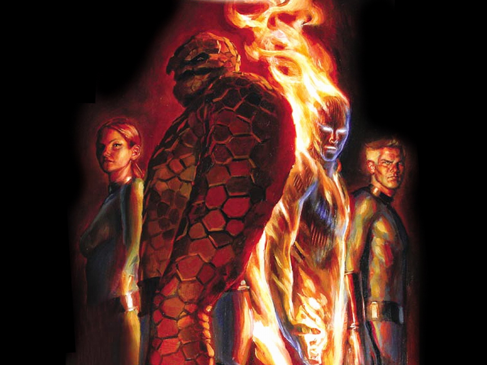 Marvel Comics superheroes Human Torch, Mister Fantastic, and Invisible Woman. HD desktop wallpaper.