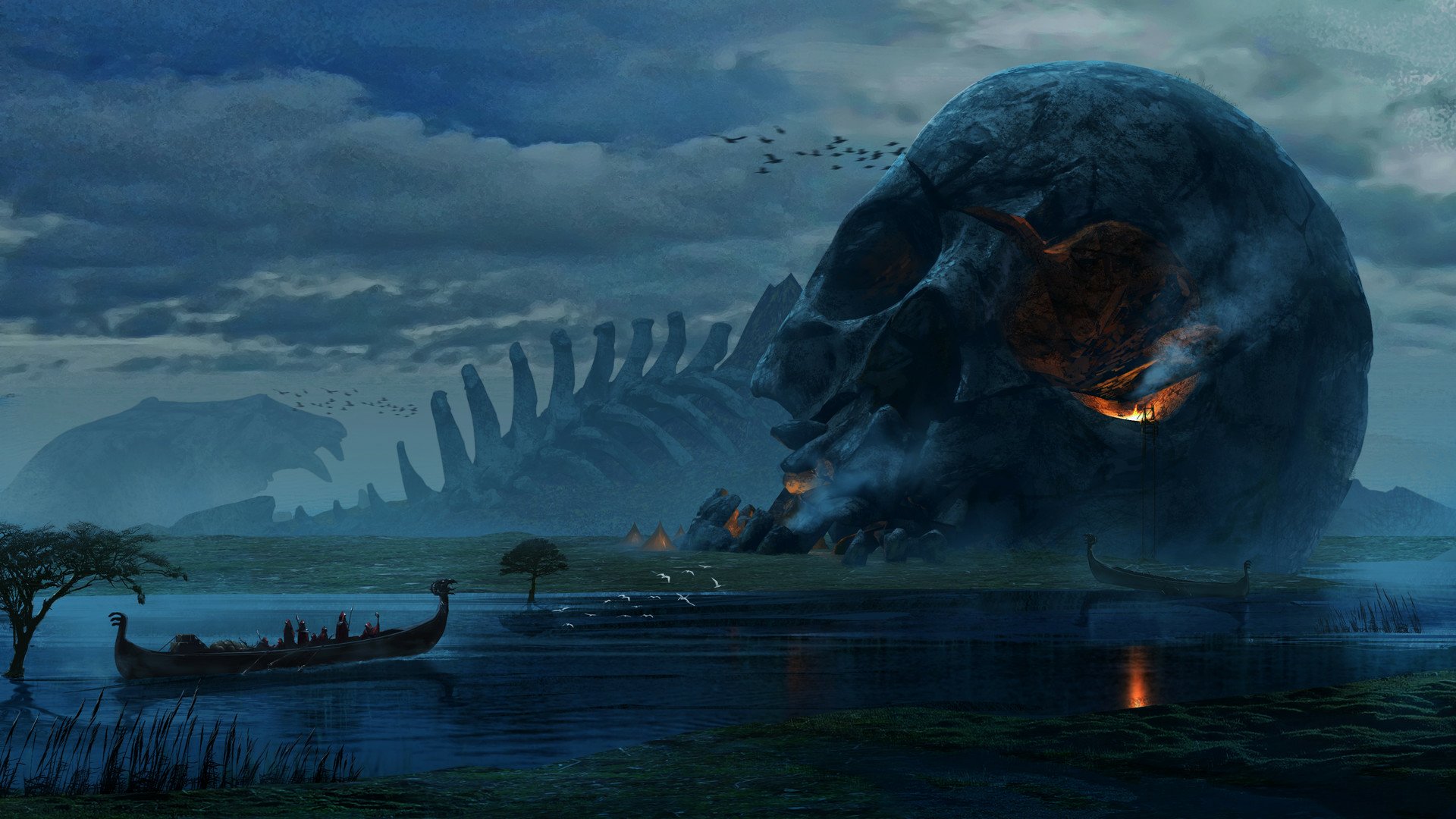 HD desktop wallpaper featuring a dark, adventurous scene with a giant, illuminated skull structure beside a body of water with Viking-like boats.
