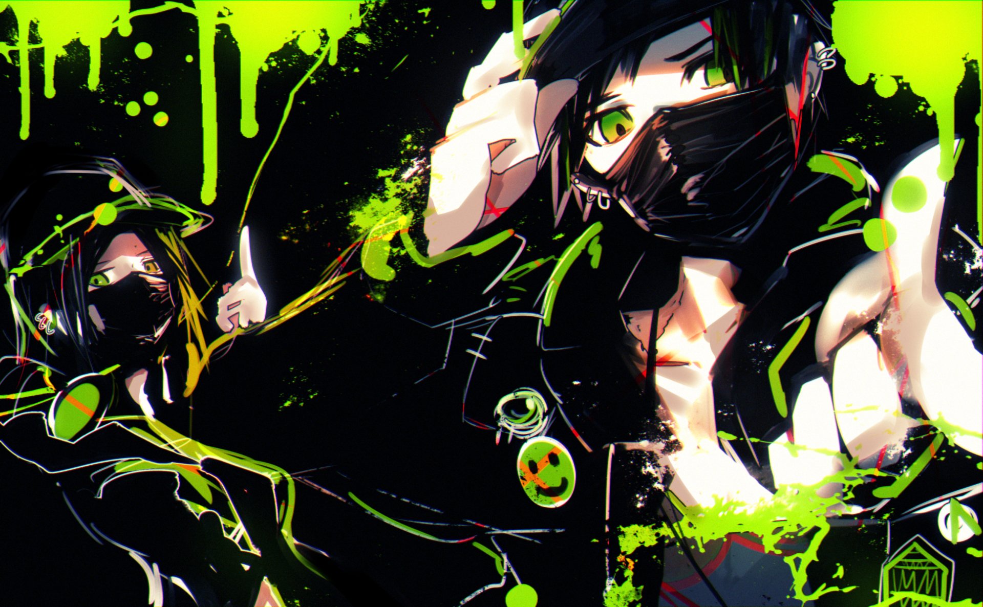 HD anime desktop wallpaper featuring a short black-haired character with heterochromia, green eyes, a hat, and earrings, set against a neon green and black splattered background.