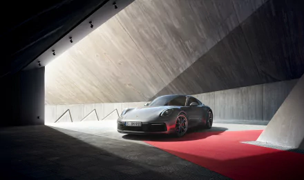 Sleek Porsche 911 parked on a red carpet inside a modern concrete structure, captured in sharp detail for a 4K Ultra HD PC desktop wallpaper.