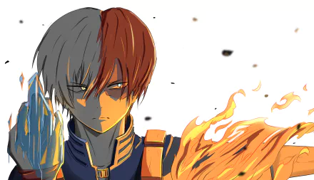 A striking 4K Ultra HD wallpaper featuring Shoto Todoroki from My Hero Academia, showcasing his dual powers of ice and fire amidst dynamic background elements.