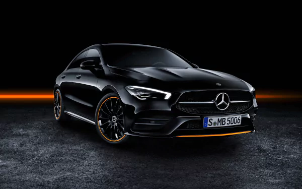 Sleek black Mercedes-Benz CLA-Class vehicle showcased in 4K Ultra HD on a dark textured surface with subtle orange accents.