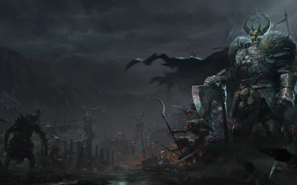 4K Ultra HD Warhammer warrior, armored and imposing, stands amidst a dark, war-torn battlefield in a striking video game desktop wallpaper.