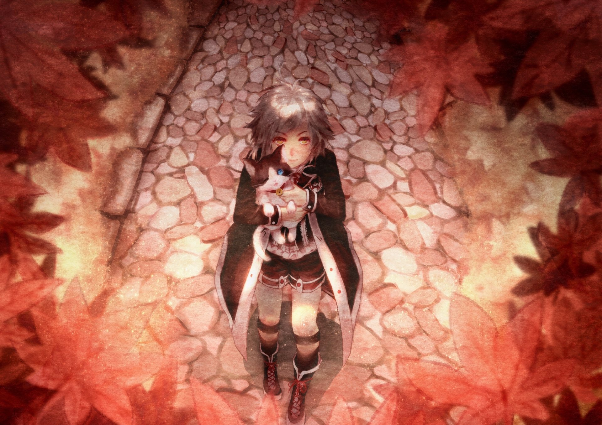 HD anime wallpaper featuring Atsushi Nakajima from Bungou Stray Dogs, standing on a cobblestone path surrounded by autumn leaves in warm, earthy tones.