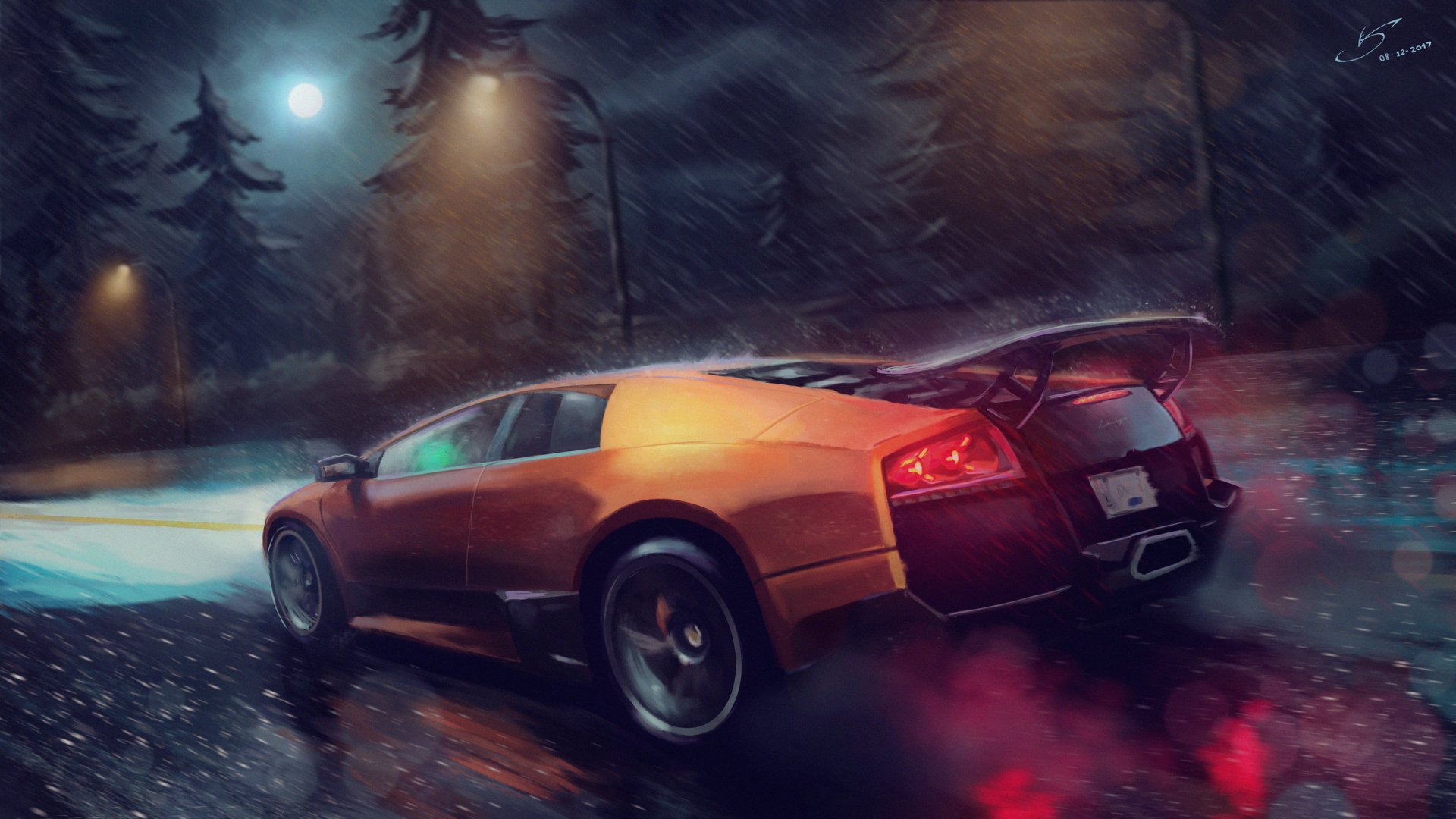 Orange Lamborghini Murcielago supercar depicted speeding on a wet road at night, captured in a high-definition digital art style for a PC desktop wallpaper.