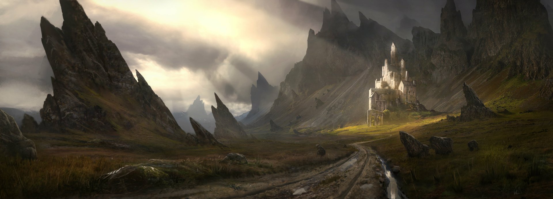 A dramatic fantasy landscape featuring a majestic castle nestled among rugged mountains under a moody sky, rendered in HD for PC desktop wallpaper.