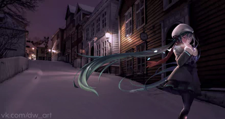 HD PC desktop wallpaper featuring Hatsune Miku in an anime-style winter night scene with softly lit buildings and snow-covered streets, capturing a serene Vocaloid atmosphere.