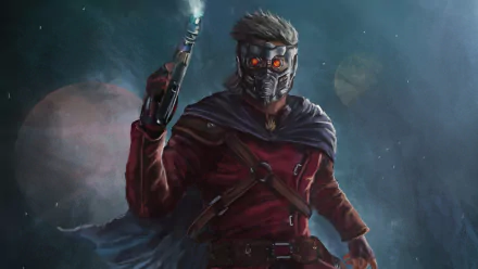 HD PC desktop wallpaper featuring Star-Lord from Guardians of the Galaxy in comic style, holding a blaster with a cosmic background.