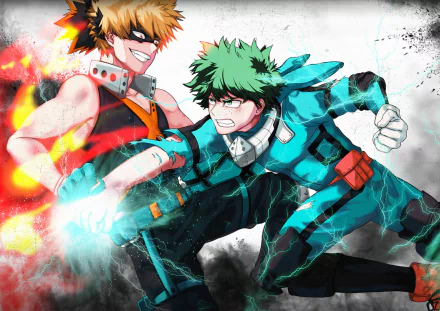 HD PC wallpaper of My Hero Academia anime: Katsuki Bakugou and Izuku Midoriya in a dynamic clash — Midoriya crackling green energy as Bakugou erupts in explosive blasts.