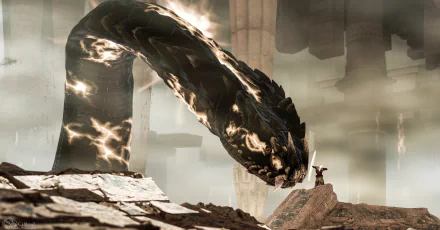 5K Ultra HD PC wallpaper: giant serpent-like creature towers over a lone warrior on a rocky outcrop in an Assassin's Creed Origins video game scene.