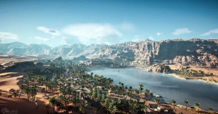 5K Ultra HD PC wallpaper from Assassin's Creed Origins (video game): panoramic Nile scene with palm-lined riverbanks, ancient Egyptian village, sandy deserts and rugged cliffs beneath a clear sky.