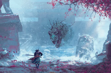 Fantasy HD wallpaper featuring an oriental samurai warrior facing a mystical tiger creature under a blossom tree, set in a dreamy snow-covered landscape.